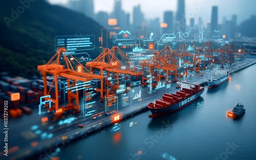 Panoramic view showcasing the seamless of AI powered systems that drive modern global logistics at a bustling international port featuring towering cranes cargo ships