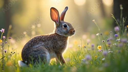 Tranquil scene of rabbit on grass in meadow with blooming wildflowers and singing birds