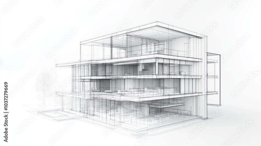 A 3D architectural wireframe model of a modern building. A 3D architectural wireframe model of a modern building.