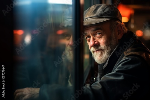 Portrait of an elderly man with a gray beard in a cap looking out the window