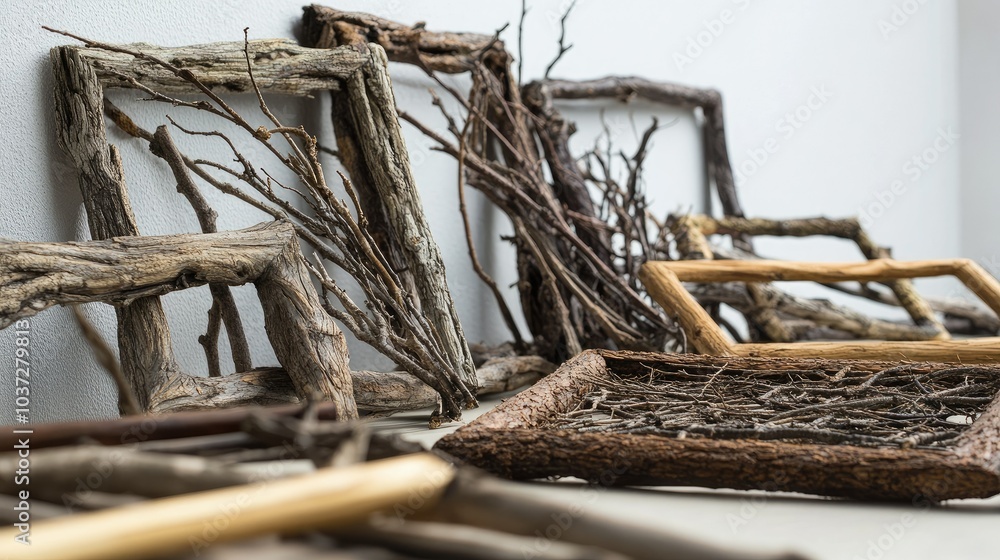 A collection of twig and branch frames, each with unique shapes and textures, arranged side by side. A collection of twig and branch frames, each with unique shapes and textures, arranged side by side.
