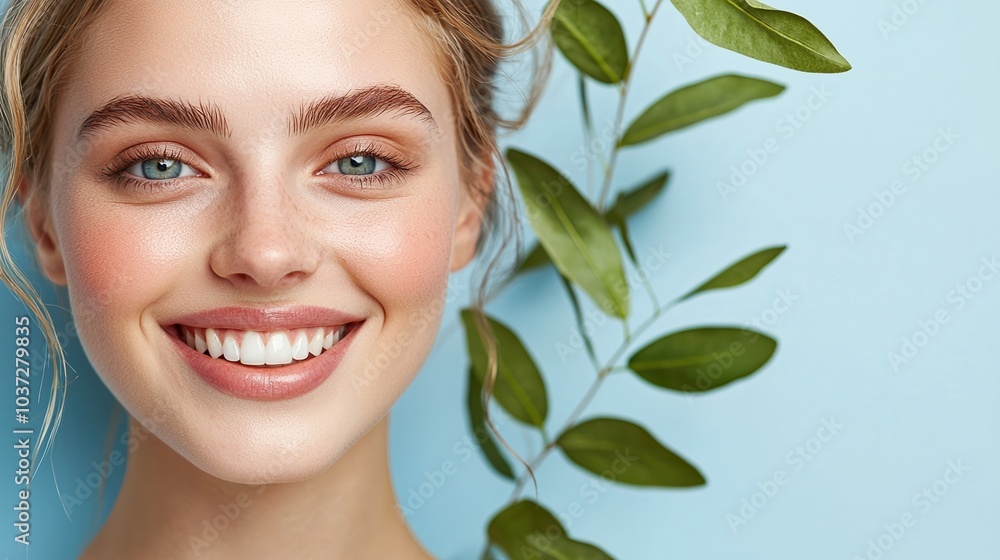 Smiling woman with healthy skin and greenery on a blue background. Smiling woman with healthy skin and greenery on a blue background.