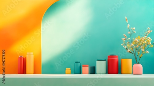 Prismatic 3D studio environment with multifarious hues bare floor and wall showcasing product plinth gradient of shadows from window cascading on the countertop