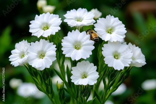 White Campion (Silene Latifolia) flowers blooming in a wildflower meadow, with bees buzzing around the delicate white petals photo