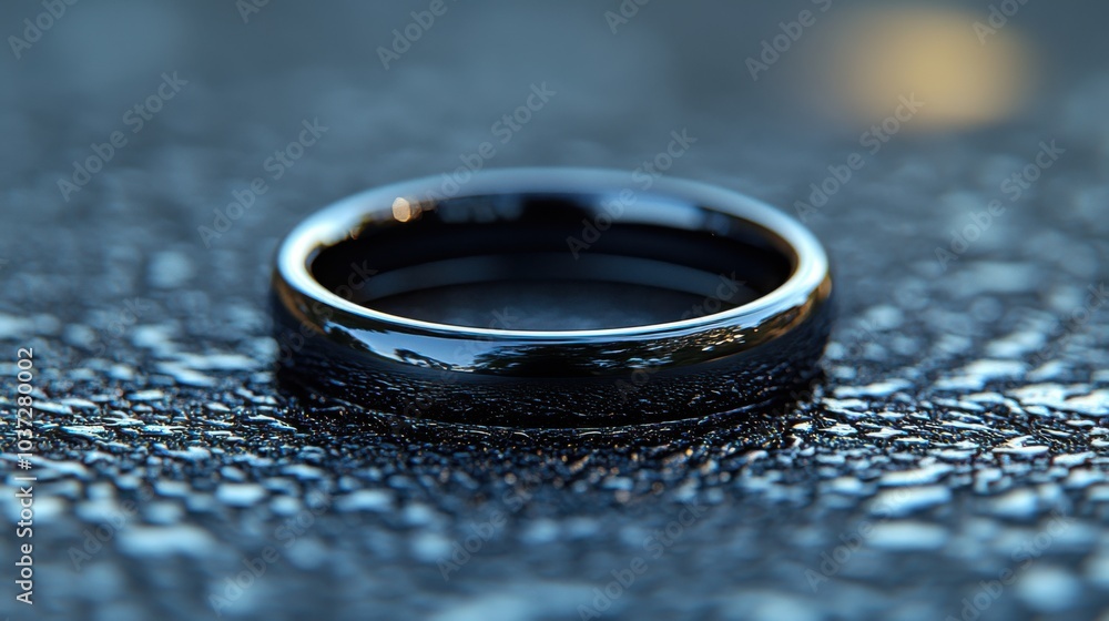 A sleek black ring resting on a textured surface. A sleek black ring resting on a textured surface.