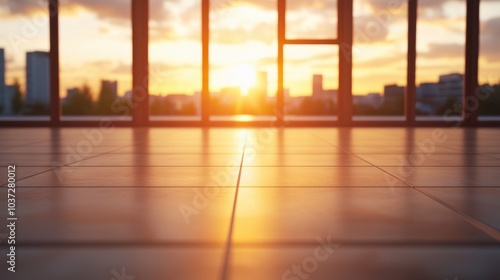 Sunset reflection on floor with city view