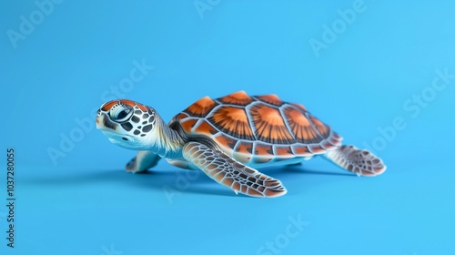 3D illustration of a turtle isolated on a blue background. Ideal for wildlife, ocean conservation, and marine life themes. photo