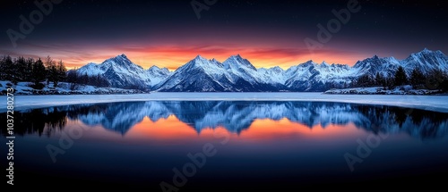 Stunning mountain landscape with vibrant sunset reflections on serene water.