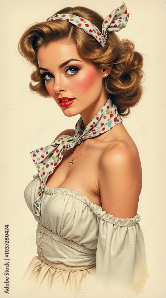 Fototapeta premium Vintage 1960s pin-up model with floral scarf in hair