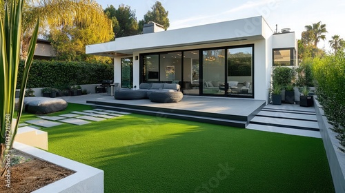 A modern home with artificial grass landscaping, showcasing minimalism and efficient use of outdoor space