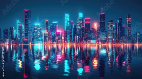 A neon-lit city skyline reflecting on water at night, capturing the vibrant energy of a modern metropolis