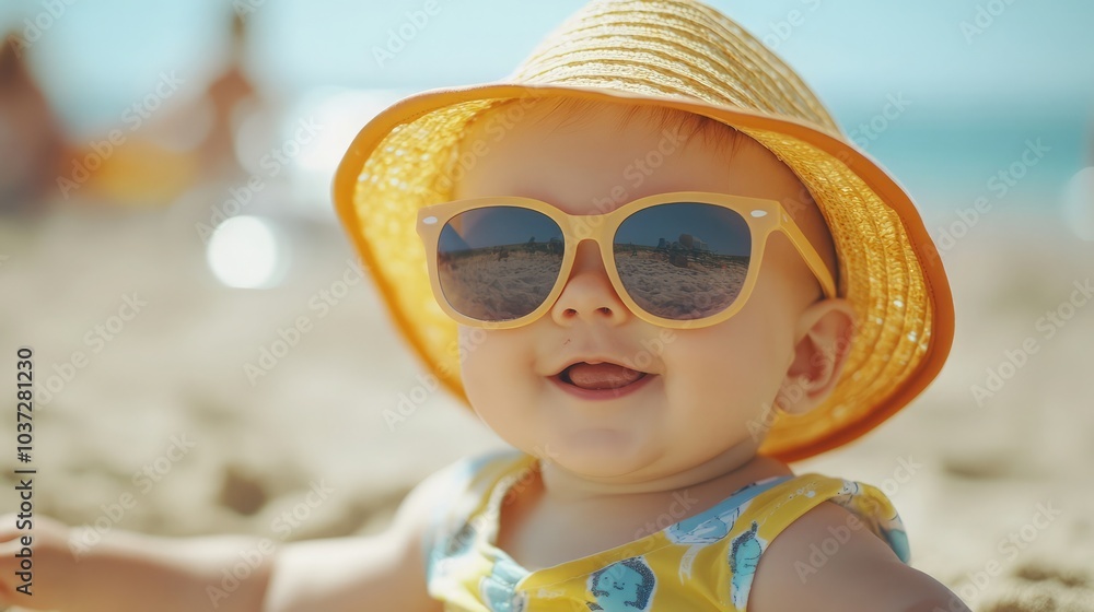 A playful baby boy enjoying a sunny beach day, wearing a cute summer outfit with sunglasses and a sun hat A playful baby boy enjoying a sunny beach day, wearing a cute summer outfit with sunglasses and a sun hat