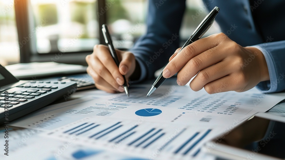 Professional Hands Using Pens on Charts and Reports Professional Hands Using Pens on Charts and Reports