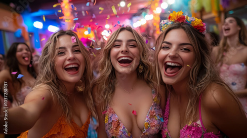 Carnival Celebration: Three friends, adorned with colorful costumes and flower crowns, capture a vibrant selfie amid the joyous chaos of a Brazilian carnival. Confetti rains down.