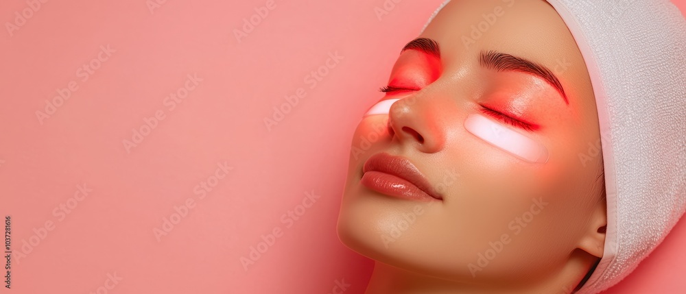 Woman receiving facial treatment with red light therapy, relaxed expression, spa concept, pink background. Woman receiving facial treatment with red light therapy, relaxed expression, spa concept, pink background.
