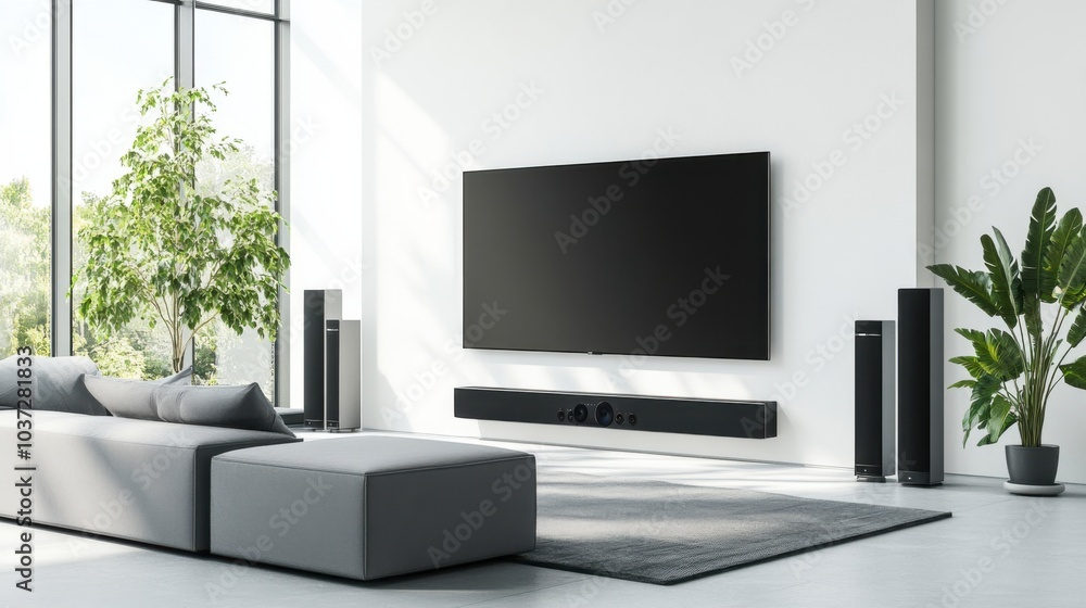 A minimalist living room with a smart TV embedded in the wall and a voice-controlled sound system, Modern home entertainment theme, Clean style A minimalist living room with a smart TV embedded in the wall and a voice-controlled sound system, Modern home entertainment theme, Clean style