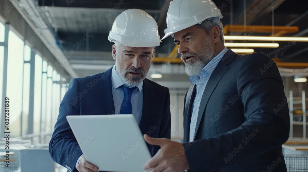 Construction Managers Review Plans on Laptop Construction Managers Review Plans on Laptop