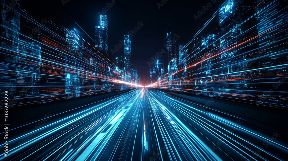 Abstract technology futuristic tunnel road with glowing road lines stretching into the night city distance, creating a sense of depth. Abstract technology futuristic tunnel road with glowing road lines stretching into the night city distance, creating a sense of depth.