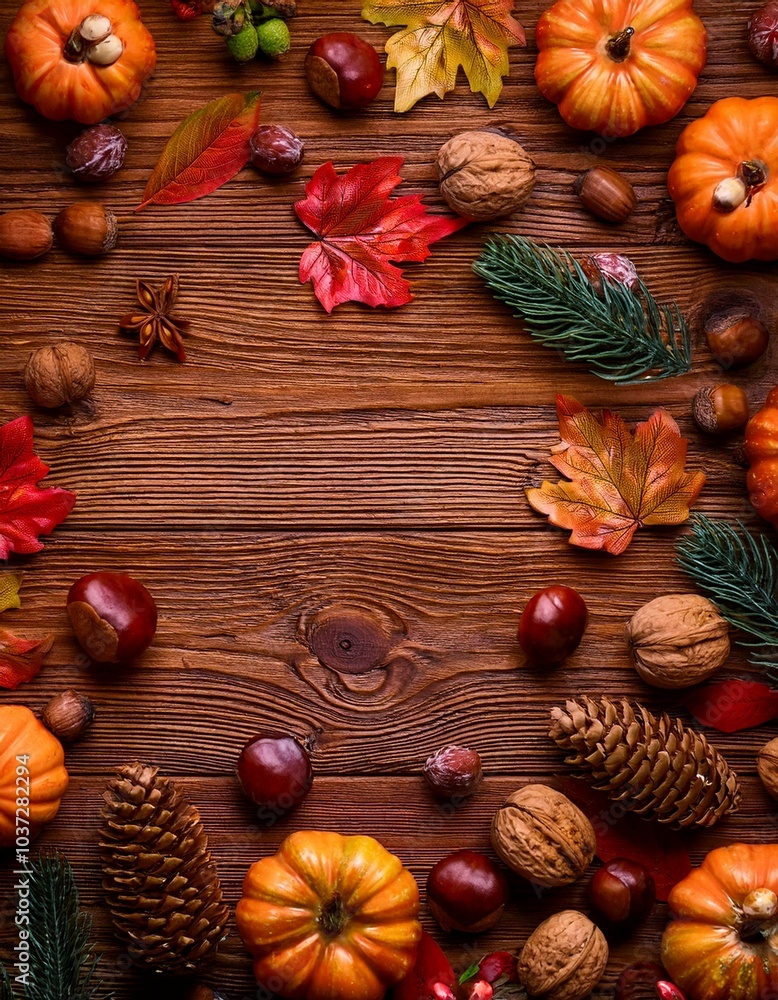 Fototapeta premium Holztisch mit Herbstdeko – perfekt als Social Media Hintergrund
