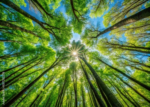 Looking Up Green Forest Trees with Blue Sky - Nature Background, High Dynamic Range Photography