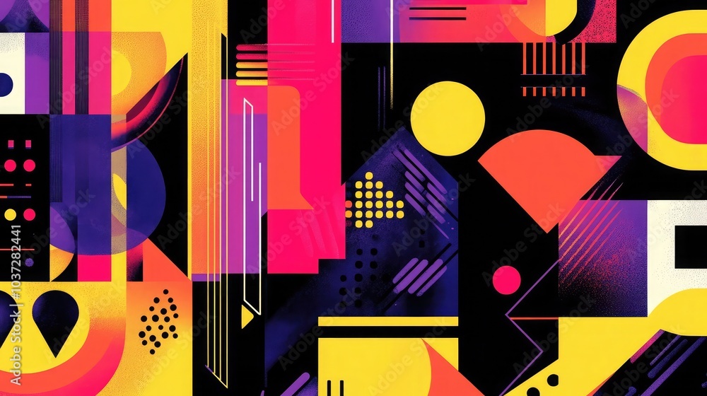 Abstract pattern of geometric shapes and bold colors, creating a vibrant and energetic background for digital designs or modern art. Abstract pattern of geometric shapes and bold colors, creating a vibrant and energetic background for digital designs or modern art.