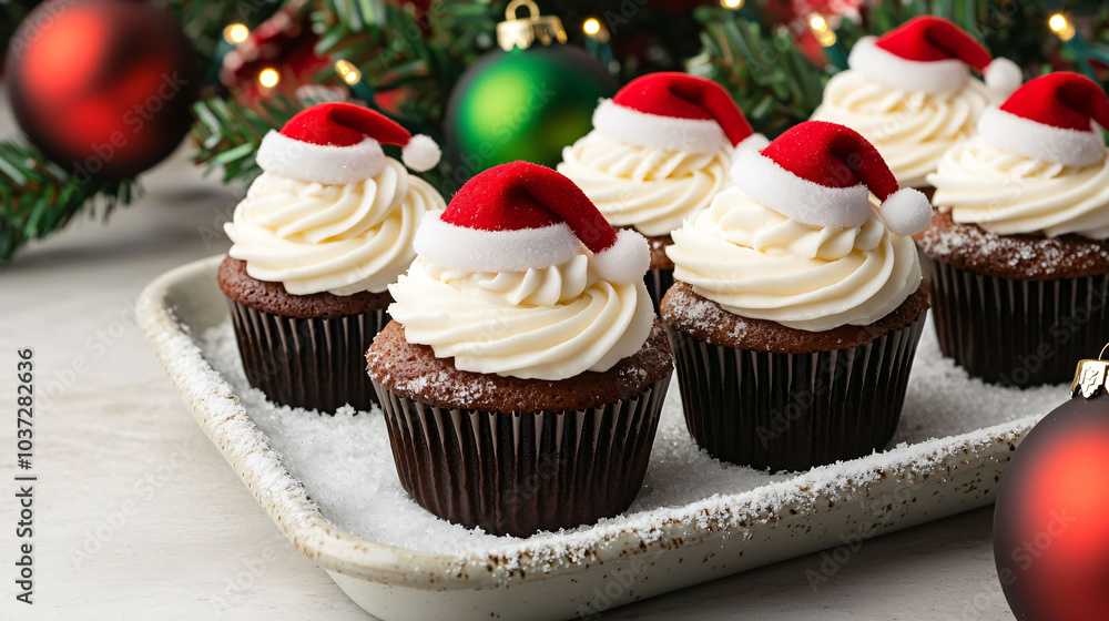 Delightful snow covered tray of festive cupcakes topped with Santa hat decorations, perfect for holiday celebrations. These treats bring joy and cheer to any gathering Delightful snow covered tray of festive cupcakes topped with Santa hat decorations, perfect for holiday celebrations. These treats bring joy and cheer to any gathering