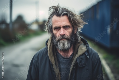 Portrait of a handsome bearded man with long gray hair and beard in an urban context