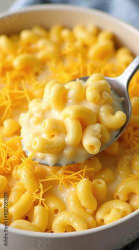 Delicious homemade mac and cheese with creamy texture in a spoon