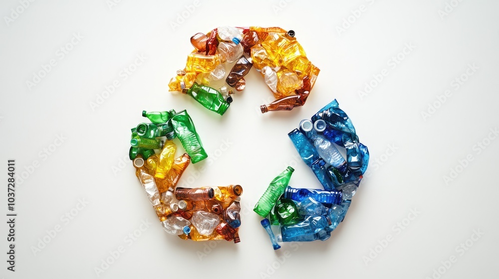 A creative recycle symbol designed using crushed plastic bottles, arranged neatly on a plain white background. A creative recycle symbol designed using crushed plastic bottles, arranged neatly on a plain white background.