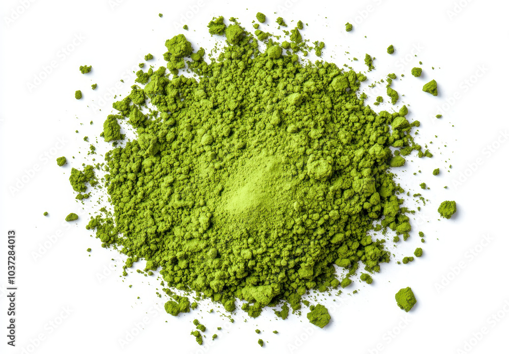 vibrant pile of green powder, resembling matcha, is beautifully arranged on white background, showcasing its fine texture and rich color. This captures essence of natural ingredients vibrant pile of green powder, resembling matcha, is beautifully arranged on white background, showcasing its fine texture and rich color. This captures essence of natural ingredients