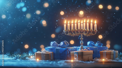 Celebratory Hanukkah scene with a menorah and vibrant gift boxes reflecting the joy of the Jewish holiday photo