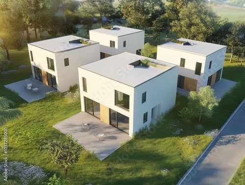 Aerial View of Modern Minimalist Cube Houses in a Green Residential Area with Spacious Yards and Natural Surroundings on a Sunny Day photo