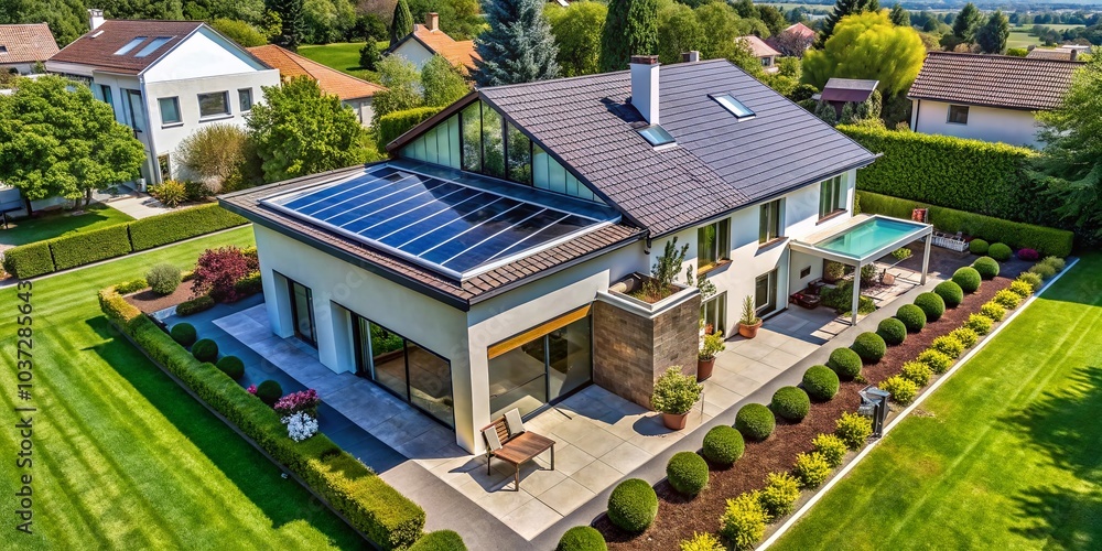 Luft-Wasser-Wärmepumpe Installation am modernen Wohnhaus für effiziente Energienutzung Luft-Wasser-Wärmepumpe Installation am modernen Wohnhaus für effiziente Energienutzung