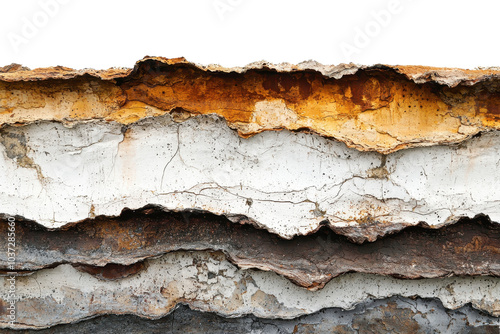 Close-up of layered rust and peeling paint textures on metal surface, showcasing a blend of rustic hues and intricate patterns. photo