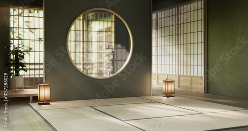 Canvas Print Green dark wall empty room, Modern japanese tatami mat floor, room japanese traditional style