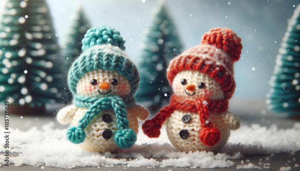 Adorable Knitted Snowmen in a Snowy Winter Scene: Two Cozy Handmade Figures with Colorful Hats and Scarves, Surrounded by Falling Snowflakes and a Soft, Warm Glow in the Background