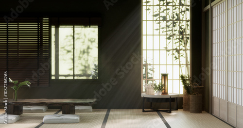 Green dark wall empty room, Modern japanese tatami mat floor, room japanese traditional style. 3D rendering