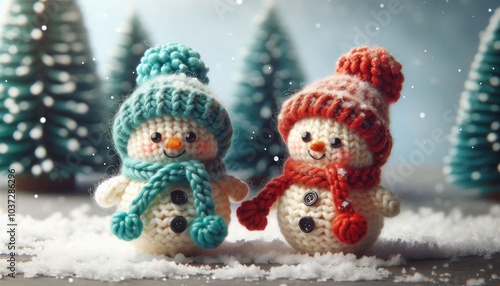 Obraz na płótnie Adorable Knitted Snowmen in a Snowy Winter Scene: Two Cozy Handmade Figures with Colorful Hats and Scarves, Surrounded by Falling Snowflakes and a Soft, Warm Glow in the Background w salonie