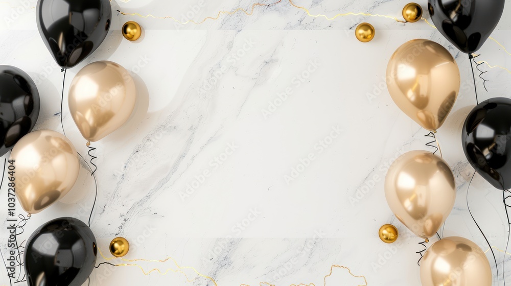 Fototapeta premium Elegant Black and Gold Balloons on Marble Background