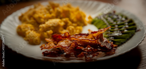 Photos fried bacon close-up on a plate, scrambled eggs and avocado in the background