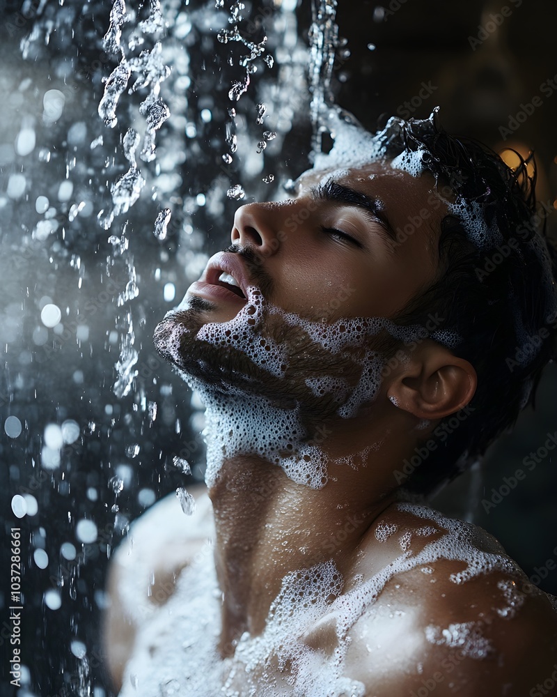 Obraz premium A macro detail satisfied young man in a luxury interior, foam on his shoulders, pouring water behind him, and realistic details.