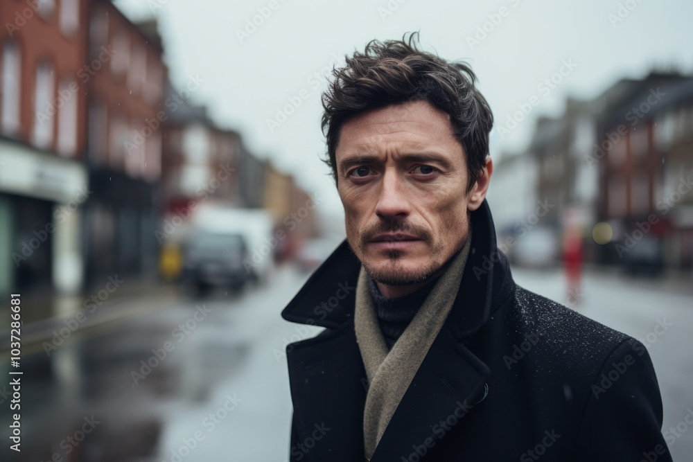 Portrait of a handsome middle-aged man with dark hair in a black coat and a scarf on the street Portrait of a handsome middle-aged man with dark hair in a black coat and a scarf on the street