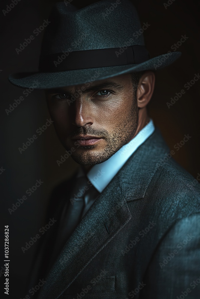Man in a gray 1950s suit, wearing a fedora, moody lighting, vintage noir style, neutral backdrop Man in a gray 1950s suit, wearing a fedora, moody lighting, vintage noir style, neutral backdrop