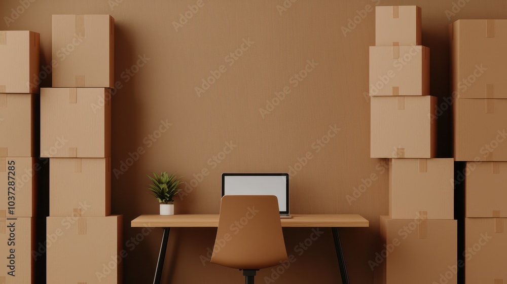 A cozy workspace featuring a desk, a chair, a plant, and stacked cardboard boxes against a textured brown wall. A cozy workspace featuring a desk, a chair, a plant, and stacked cardboard boxes against a textured brown wall.