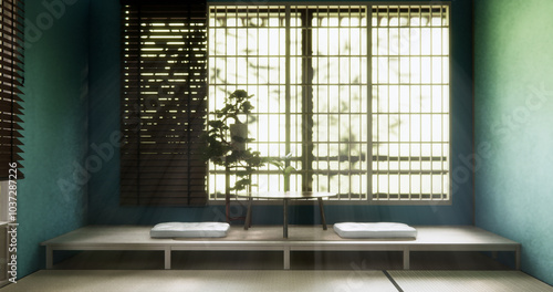 mint living room japanese style with tatami mat floor and decoration.3D rendering photo