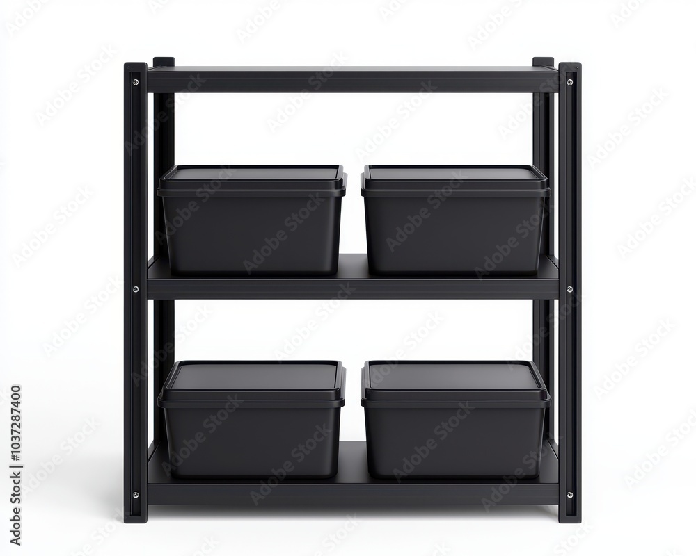 A modern shelving unit featuring three tiers and four black storage bins, ideal for organization and storage solutions in any space. A modern shelving unit featuring three tiers and four black storage bins, ideal for organization and storage solutions in any space.