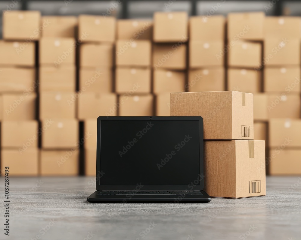 A laptop is placed in front of stacked cardboard boxes, representing e-commerce, logistics, and digital solutions for delivery management. A laptop is placed in front of stacked cardboard boxes, representing e-commerce, logistics, and digital solutions for delivery management.