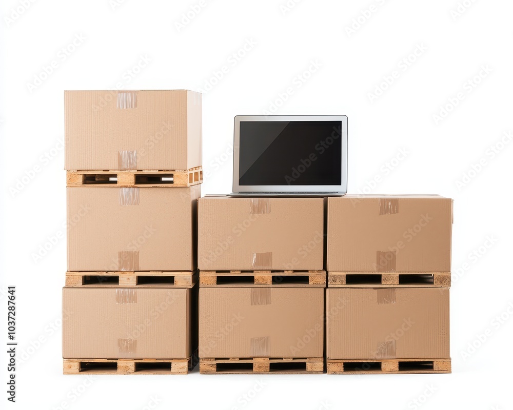 A stack of cardboard boxes with a laptop on top, showcasing shipping and storage themes in a minimalist setup. A stack of cardboard boxes with a laptop on top, showcasing shipping and storage themes in a minimalist setup.