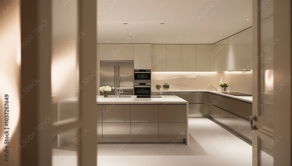 Luxury Kitchen with Glass Cabinets and Polished Marble Countertops Luxury Kitchen with Glass Cabinets and Polished Marble Countertops