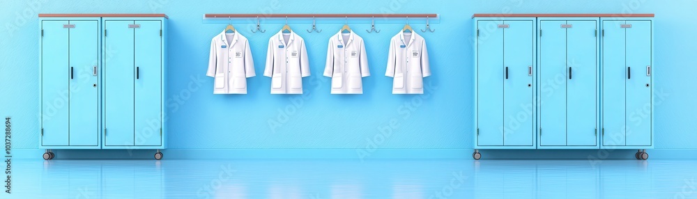 Fototapeta premium A bright, minimalist space featuring medical lab coats hanging on hooks, with cupboards against a vibrant blue wall.